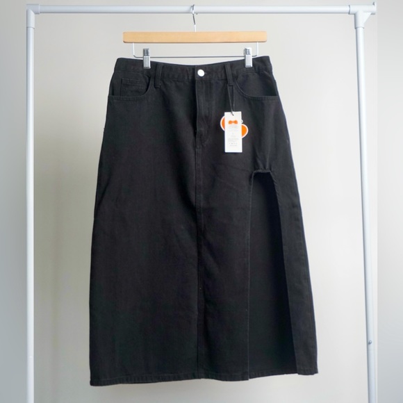 CIDER Black Denim Side Split Midi Skirt - Picture 3 of 6